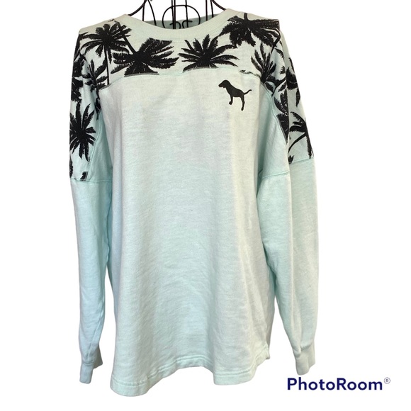 PINK Victoria’s Secret Long Sleeve Sweatshirt with Palm Trees and Dog Logo Sz M - Picture 1 of 9